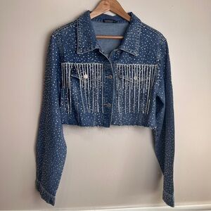 Emerson Lang Rhinestone Embellished Blue Denim Cropped Jacket Size Medium EUC